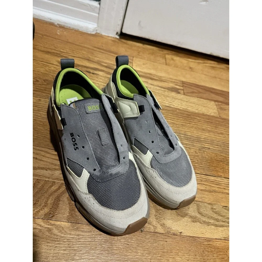 BOSS Men's Asher Runn Low Top Athletic Sneakers Gray Beige Green Style 50493199